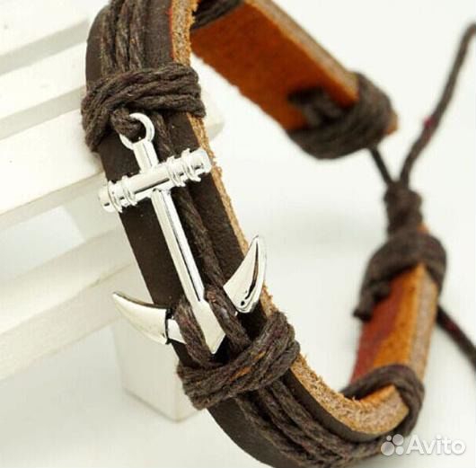 Стильный браслет мужской якорь (кожа, сталь)