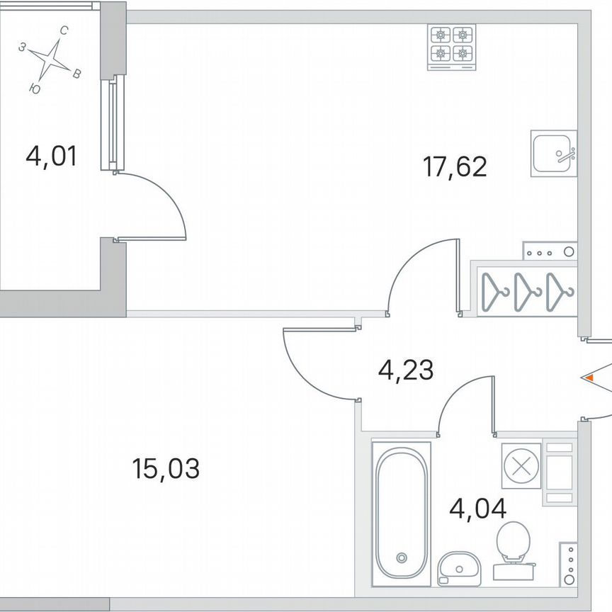 1-к. квартира, 42,9 м², 2/4 эт.