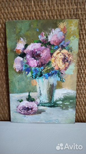 Картина маслом Натюрморт Пионы Розы Цветы 20х30