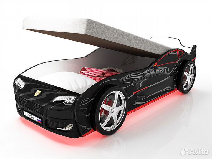 Кровать-машина Турбо Черная с пм, с колесами (2шт
