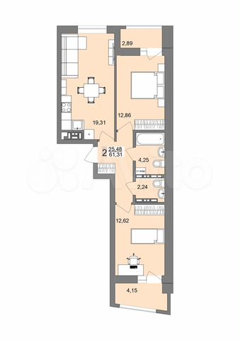 2-к. квартира, 61,3 м², 12/26 эт.