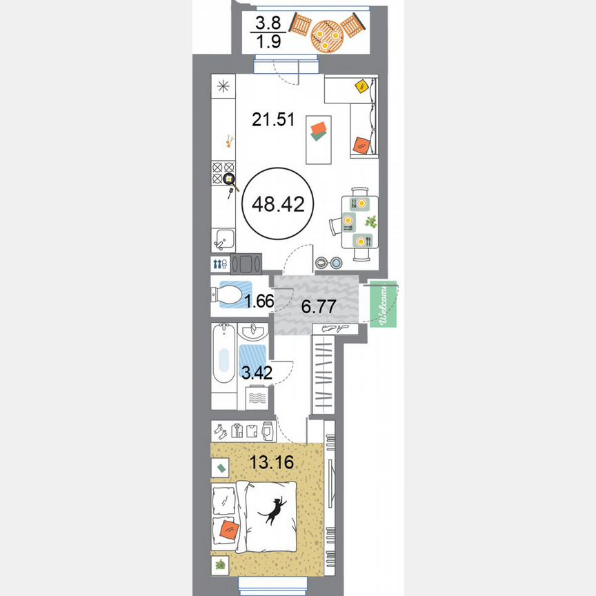 1-к. квартира, 48,4 м², 7/12 эт.