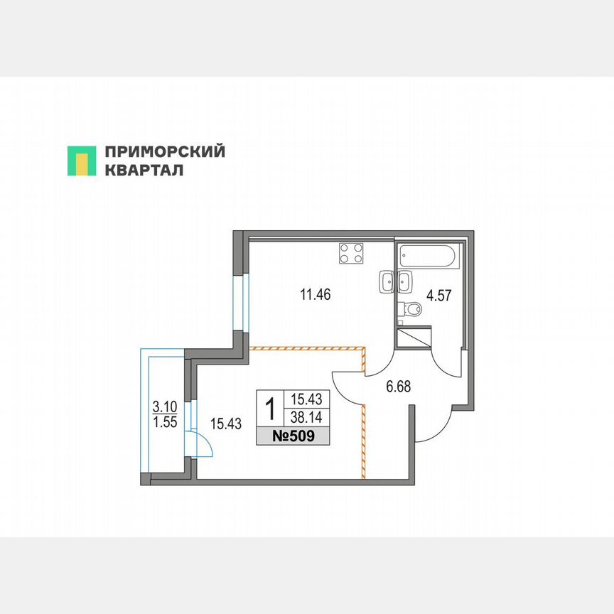 1-к. квартира, 38,1 м², 14/16 эт.