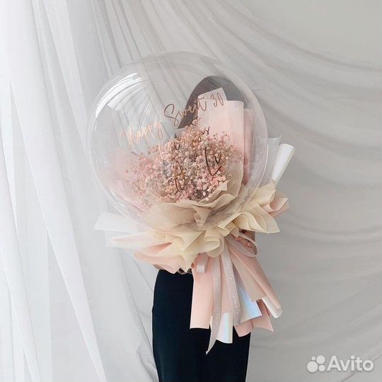Шар баблс с цветами, цветы в коробке