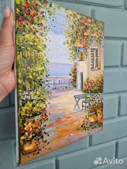 Картина маслом пейзаж морской цветы дом 24х30см