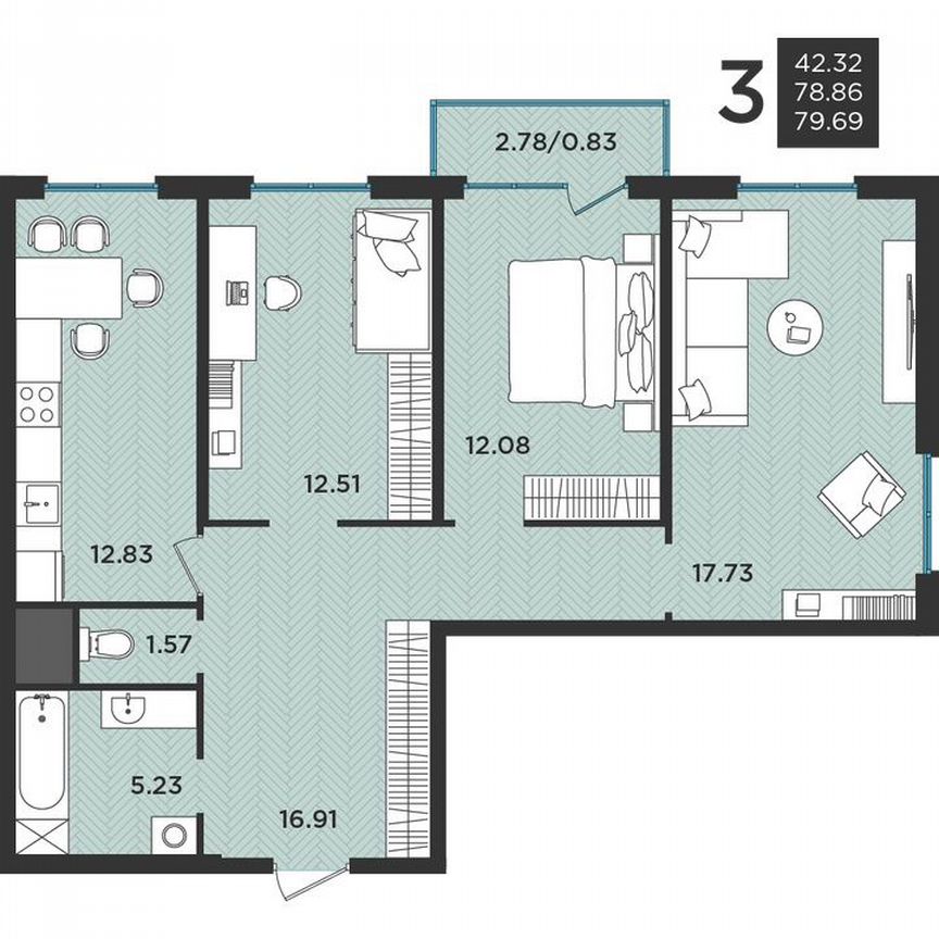 3-к. квартира, 80,3 м², 2/3 эт.