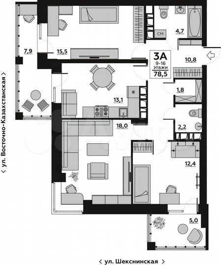 3-к. квартира, 85 м², 14/16 эт.