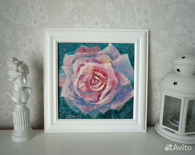 Интерьерная картина маслом Роза 20х20см. В наличии
