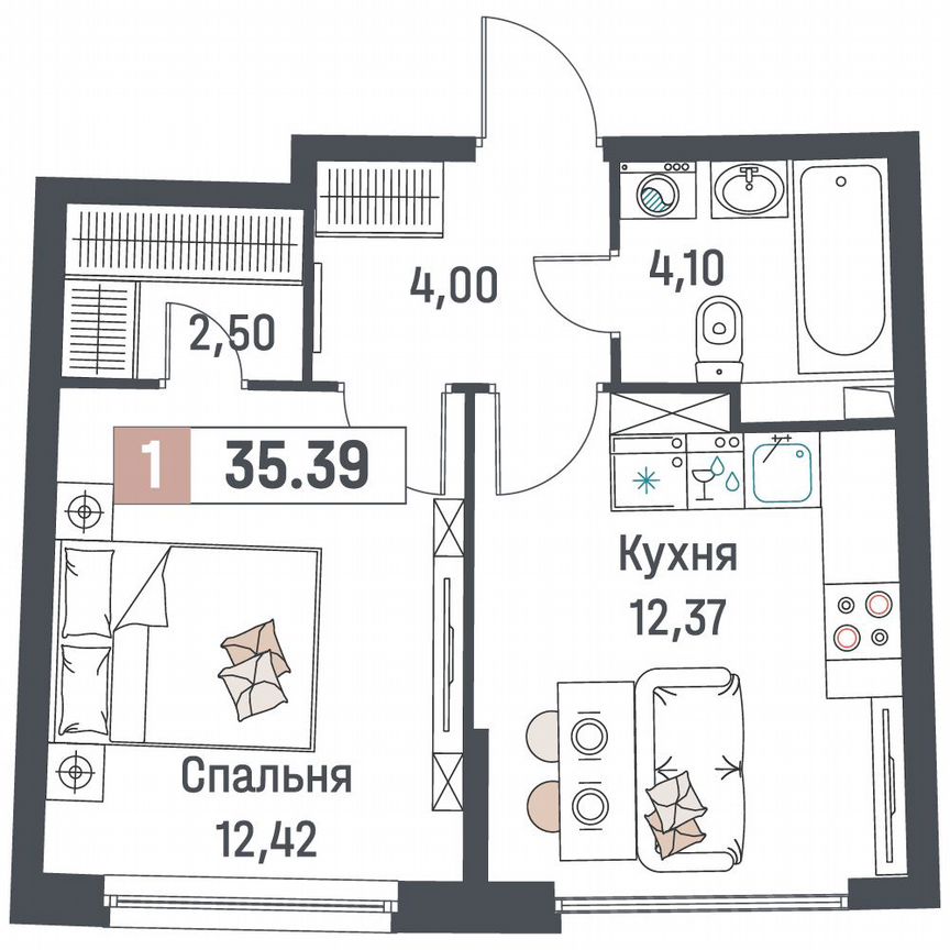 1-к. квартира, 35,4 м², 2/18 эт.