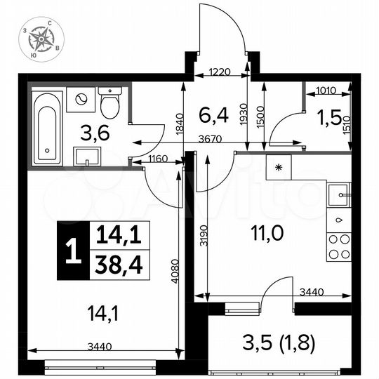 1-к. квартира, 38,4 м², 23/24 эт.