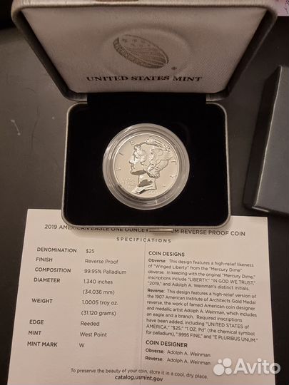 Монета США 25 долларов 2019г Palladium Eagle