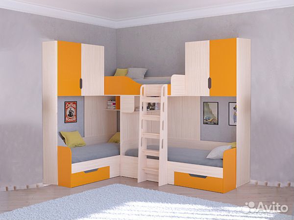 Кровать Трио с антресолями Дуб Молочный/Розовый