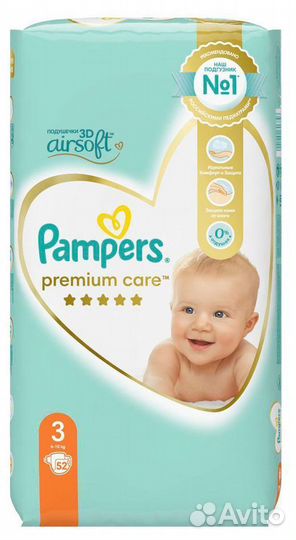 Подгузники pampers premium care 3(6-10 кг) 52 шт