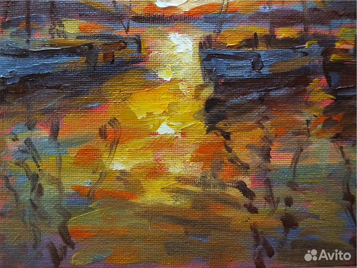 Картина маслом морской пейзаж, закат, яхты 20х20