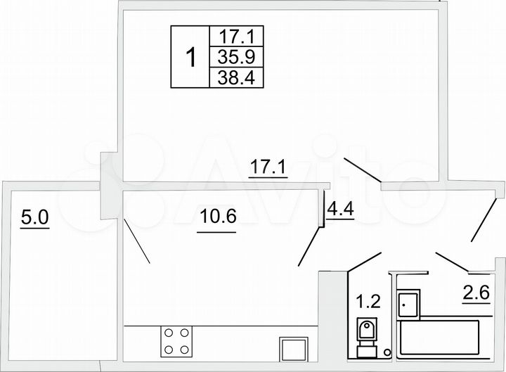 1-к. квартира, 38,4 м², 6/10 эт.