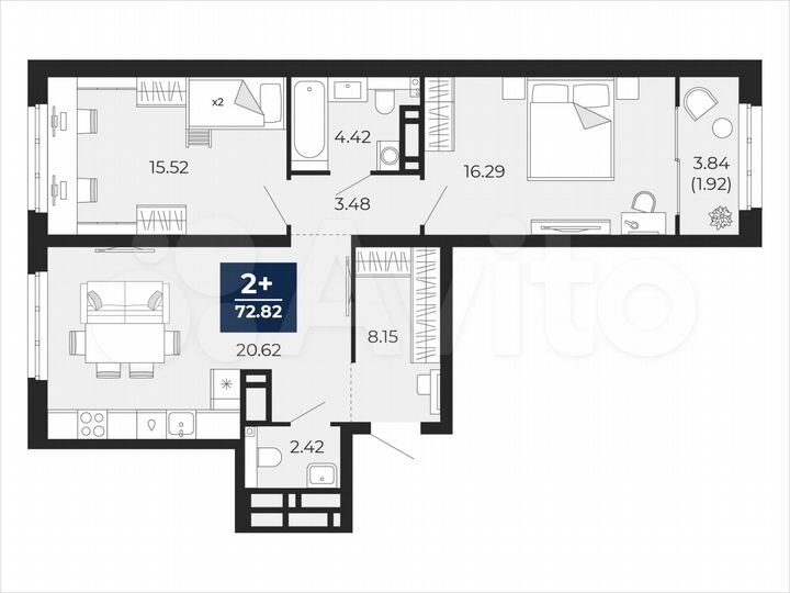 2-к. квартира, 72,8 м², 5/22 эт.