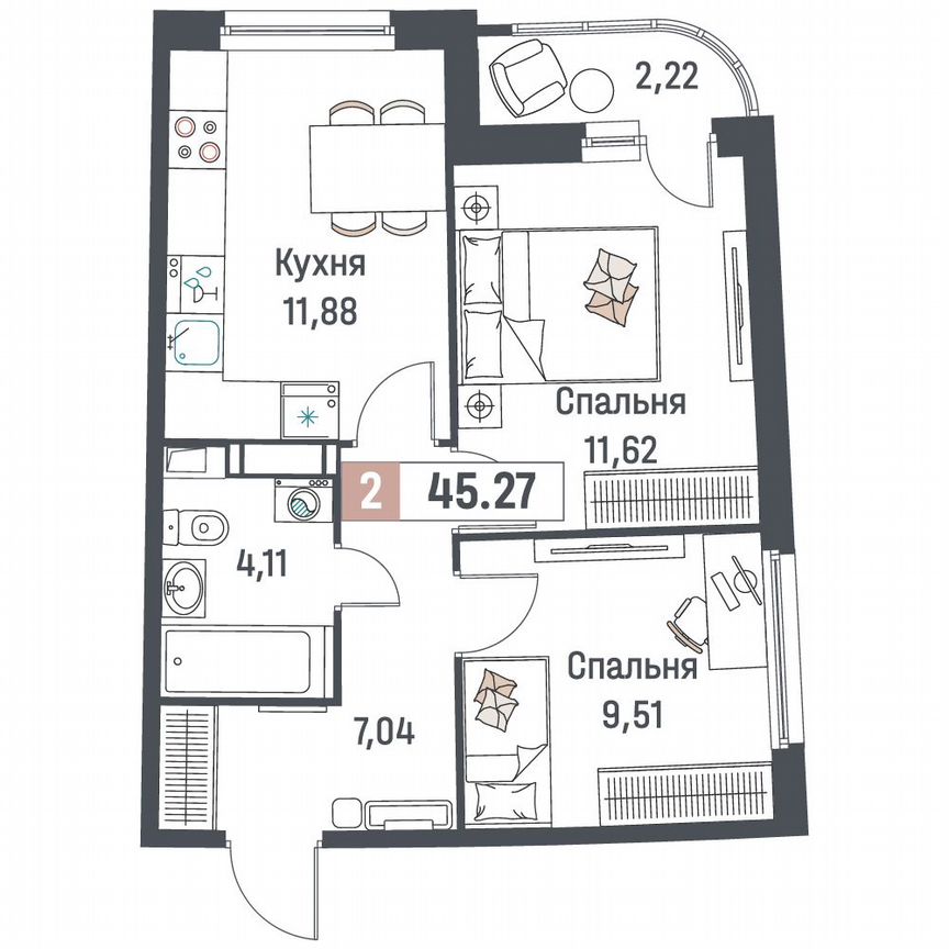 2-к. квартира, 45,3 м², 7/18 эт.