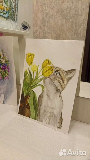 Картина акварель Полосатый кот и тюльпаны