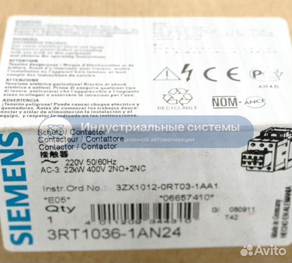 Контактор Siemens 3RT1036-1AN24