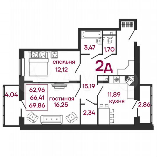 2-к. квартира, 69,9 м², 5/16 эт.