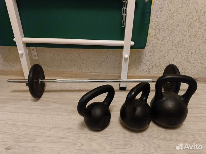 Гири 12,16,24кг + штанга 15кг