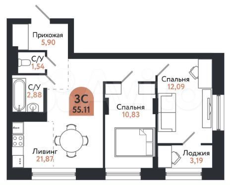 3-к. квартира, 55,1 м², 24/26 эт.