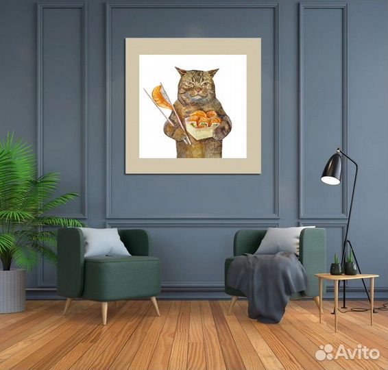 Кот с суши картина акварелью 25x25