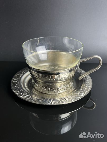 Набор из 4 мельхиоровых чайно-кофейных комплектов (4 стакана, 4 подстаканника и 4 блюдца) с растител