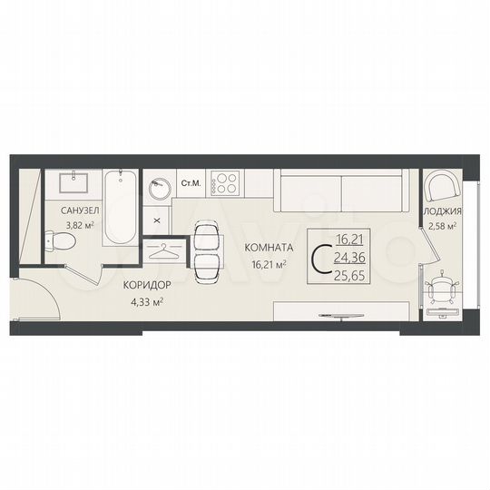 Квартира-студия, 25,7 м², 16/17 эт.