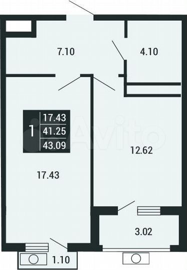 1-к. квартира, 43,1 м², 4/4 эт.