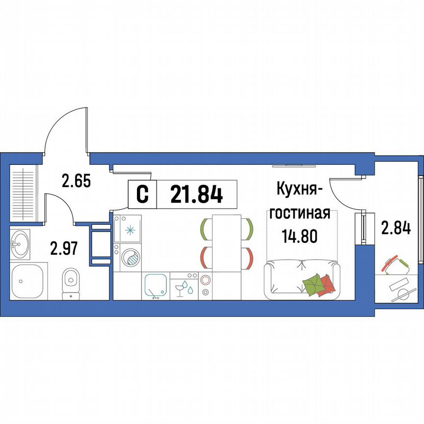 Квартира-студия, 21,8 м², 13/16 эт.