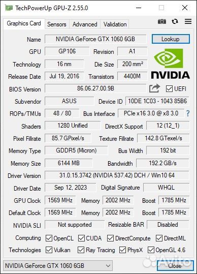 Видеокарта nvidia GeForce GTX 1060 6Gb