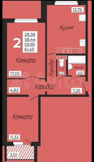 2-к. квартира, 61,5 м², 4/10 эт.