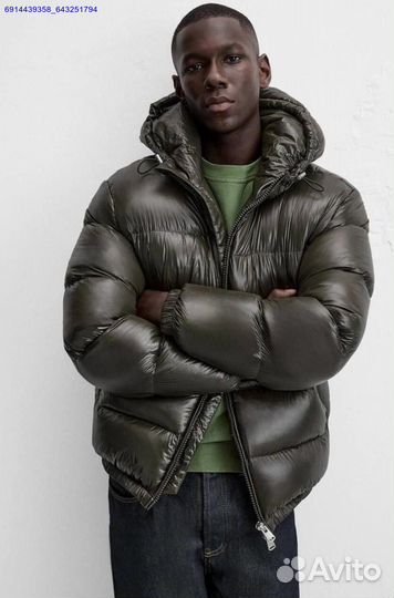 Пуховик Zara x Moncler глянцевый Хаки (Арт.80129)