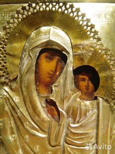 Старинная икона Казанская Богородица Штихель