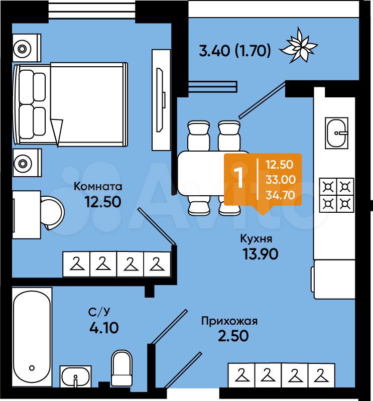 1-к. квартира, 34,7 м², 1/9 эт.