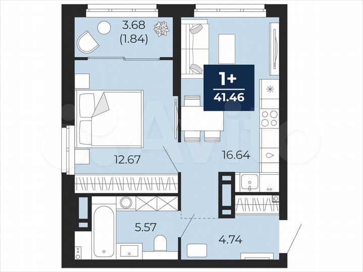 1-к. квартира, 41,5 м², 12/21 эт.