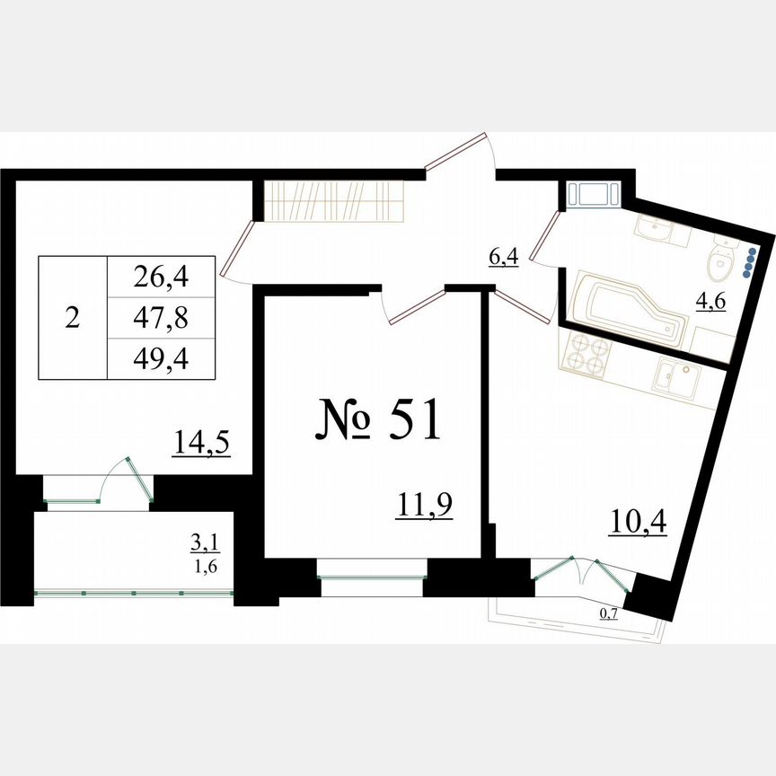 2-к. квартира, 49,4 м², 6/8 эт.