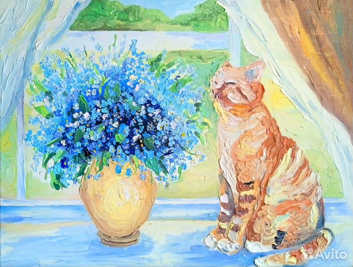 Картина Кот и цветы букет белый пушистый котик мас