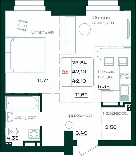 1-к. квартира, 42,1 м², 2/18 эт.