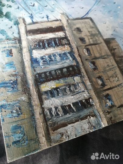Картина маслом городской пейзаж панельный дом