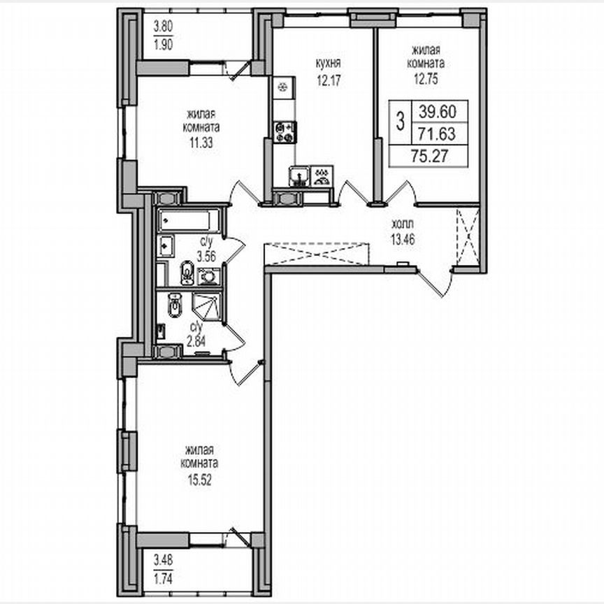3-к. квартира, 74,5 м², 6/27 эт.