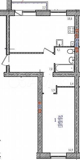 1-к. квартира, 52,3 м², 1/3 эт.