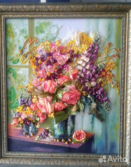 Картины,вышитые лентами в технике 3d