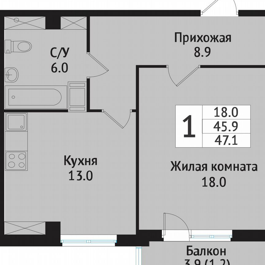 1-к. квартира, 46 м², 6/10 эт.