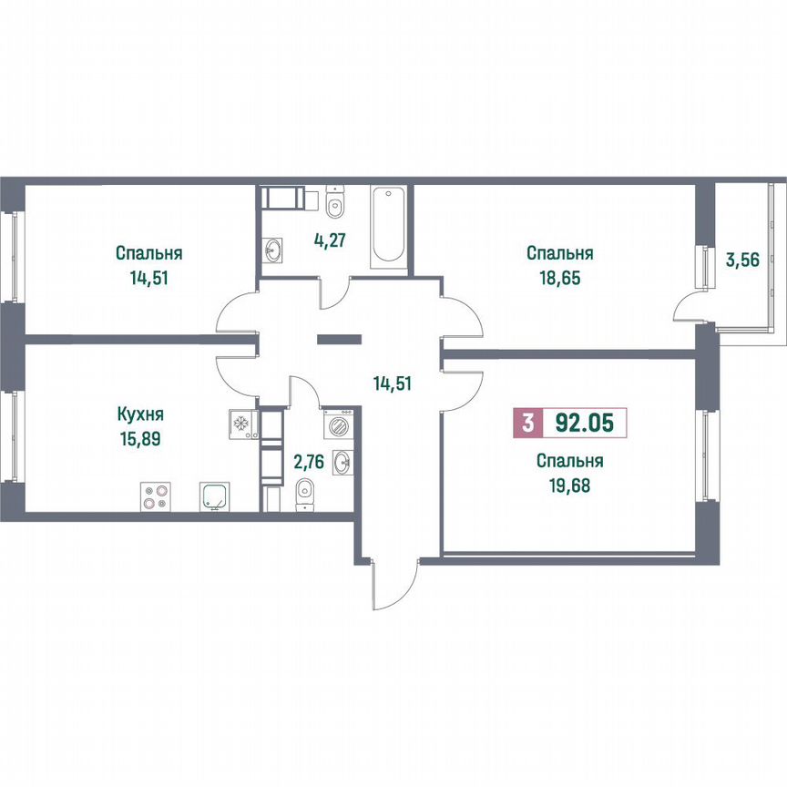 3-к. квартира, 92,1 м², 9/16 эт.