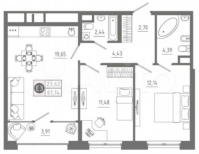 2-к. квартира, 61,1 м², 3/10 эт.