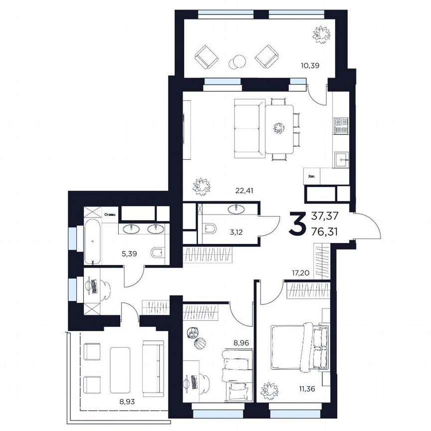 3-к. квартира, 76,3 м², 14/15 эт.