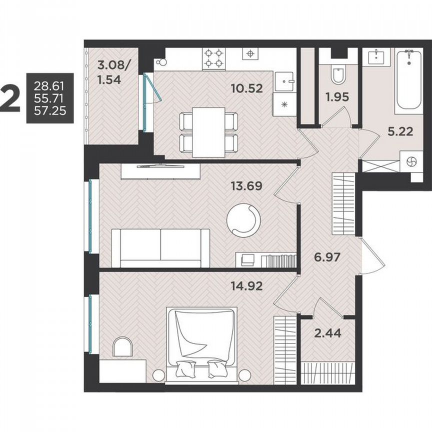 2-к. квартира, 57,3 м², 4/4 эт.