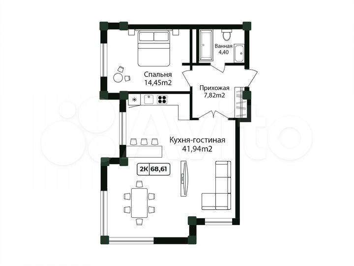 2-к. квартира, 68,6 м², 4/12 эт.